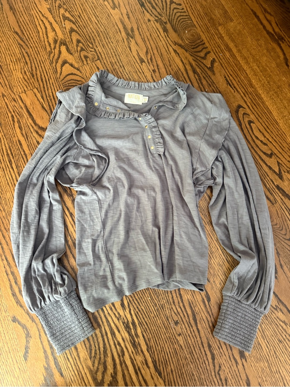 Gray Ruffle-Trim Long Sleeve Top
